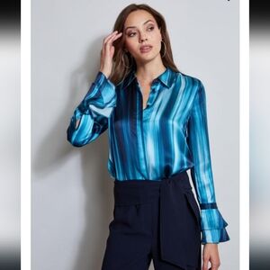 Elie Tahari 100% Silk Medium Button Front Blouse Ruffle Sleeve